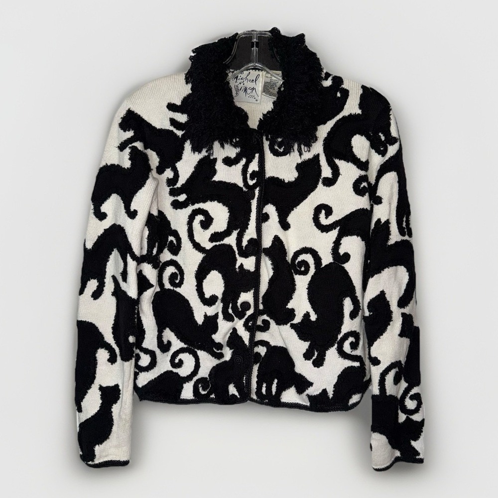 Vintage 1997 Michael Simon Cat Cardigan Sweater Novelty Knit Womens Small *READ